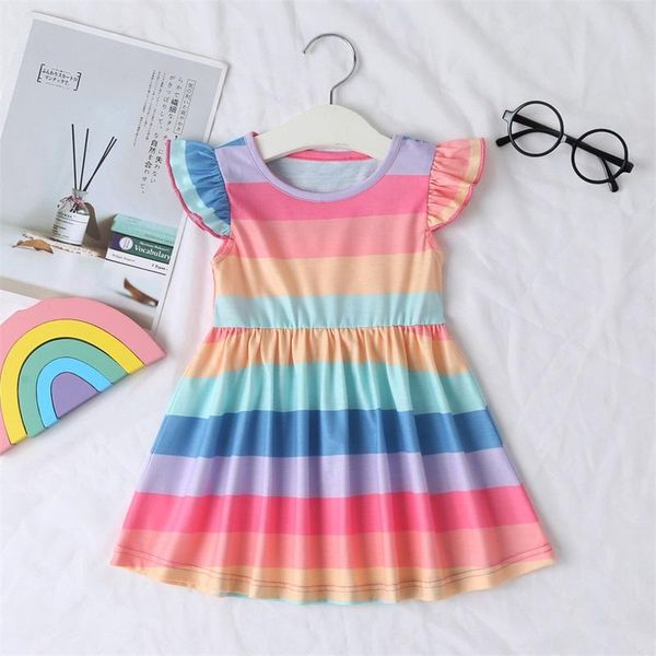

girl's dresses girls rainbow striped flying sleeve dress princess kids, Red;yellow