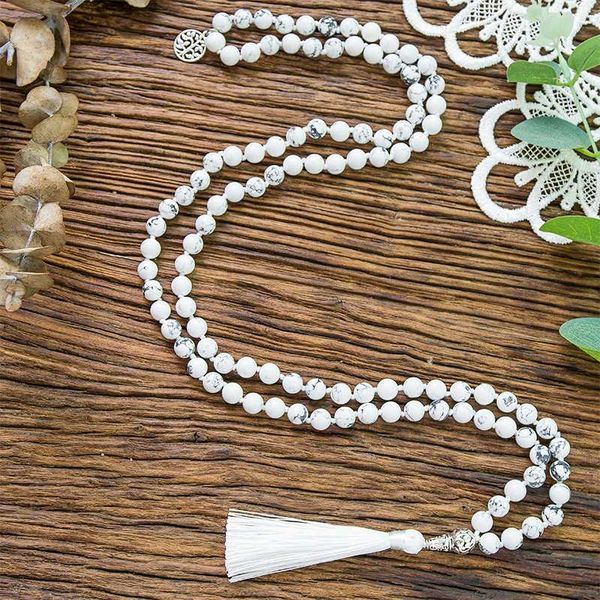 

pendant necklaces 8mm white howlite knotted mala necklace meditation yoga blessing jewelry 108 japamala rosary tibetan tassel, Silver