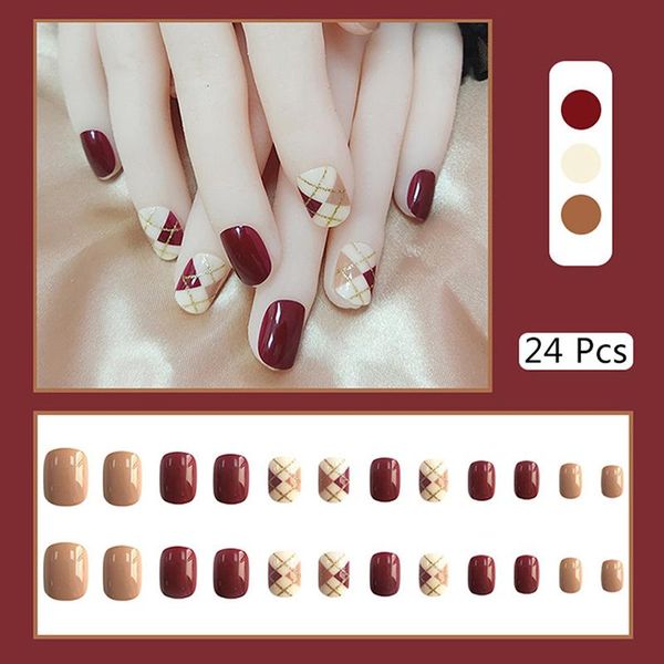 

false nails 24 pcs nail artificial tips press on fake art extension with glue, Red;gold