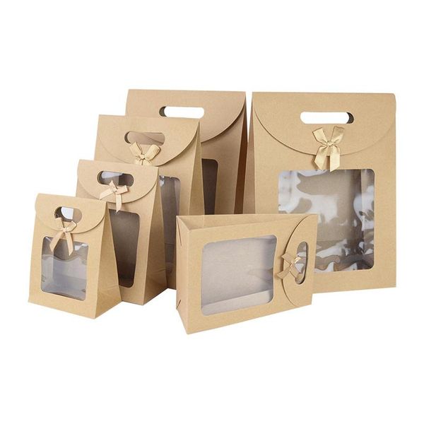 

gift wrap 2pcs kraft paper bags with clear window christmas handle bow cookie packaging wedding party favor boxes