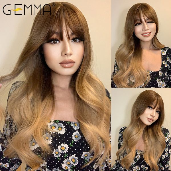 

long water wavy synthetic wigs omber chocolate brown blonde cosplay wig with bangs for women heat resistant fiber hair, Black