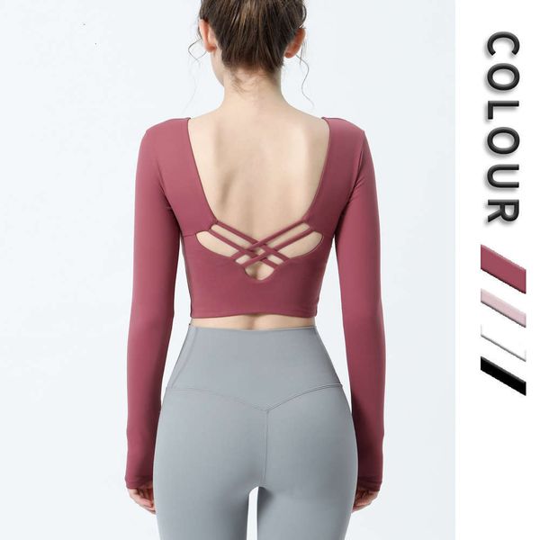 

women's tracksuits tracksuitsautumn and winter back long sleeve short sports t-shirt with bra cushion yoga 300f, Gray