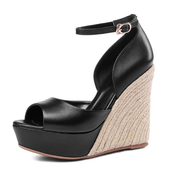 

sandals acedichy 2022 spring/summer peep toe ankle strip 3cm platform casual women shoes black cow leather super wedges 12cm