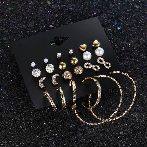 

stud 12 pair/set various shapes crystal earrings for women shiny piercing simulated pearl jewelry, Golden;silver