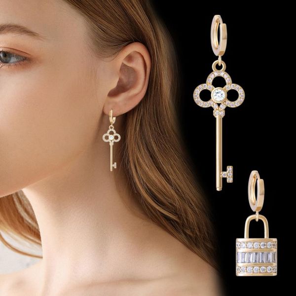 

dangle & chandelier european and american earrings women's asymmetric gold lock key net red zircon needle, Silver