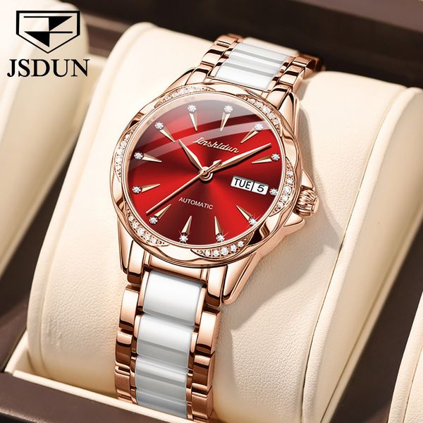 

jsdun 2021 brand dames mechanical watches waterdicht roestfrei steel ceramic band date automatic year, Slivery;brown