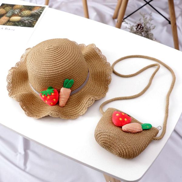 

for child summer sun hat with bag small fresh wavy children's straw girl travel wild beach set caps & hats, Yellow