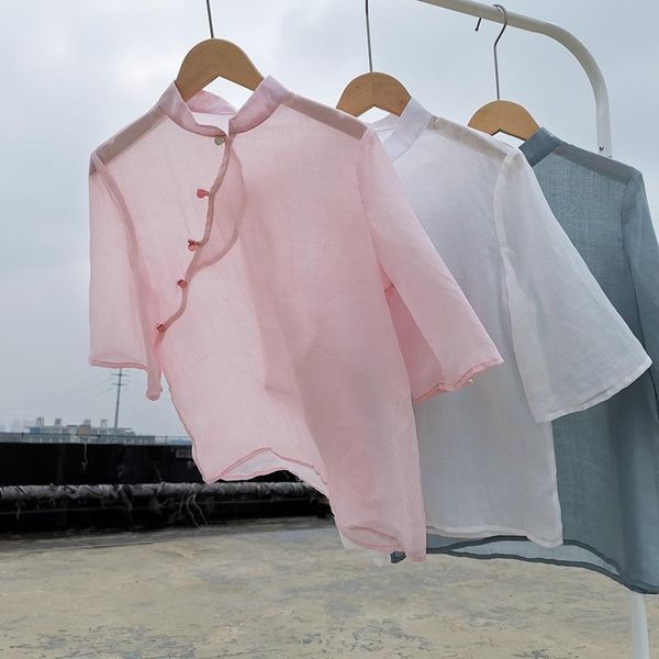 

nankui / wenyi guofeng thin and transparent ramie vertical collar loose blouse tea dress zen shirt women's blouses & shirts, White