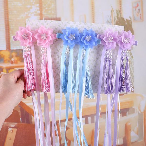 

chinese style retro flower hairpin cute girl colorful hair clips hanfu headdress long pearl tassel children's barrettes accessories, Slivery;white