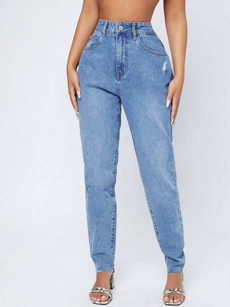 

curvy high waist raw hem ripped mom jeans 39np#, Blue