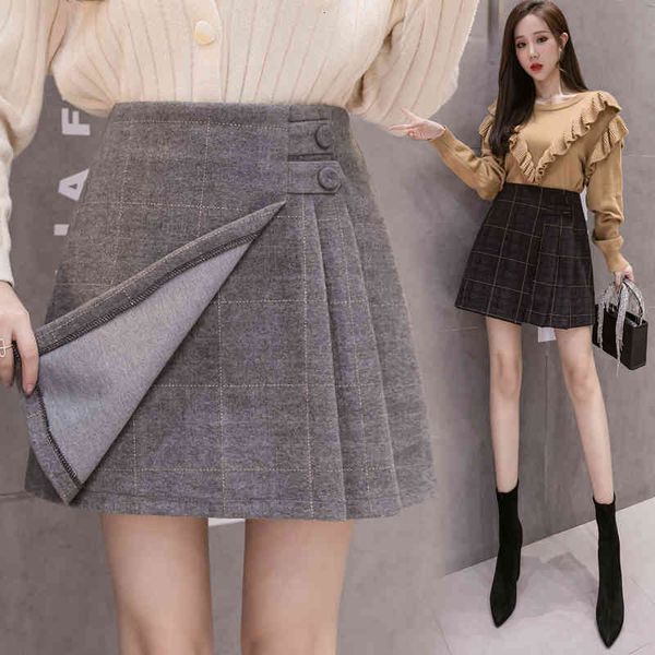 

skirts autumn winter wool pleated mini korean style gray black high waist a line with lining ladies jupe femme dekh