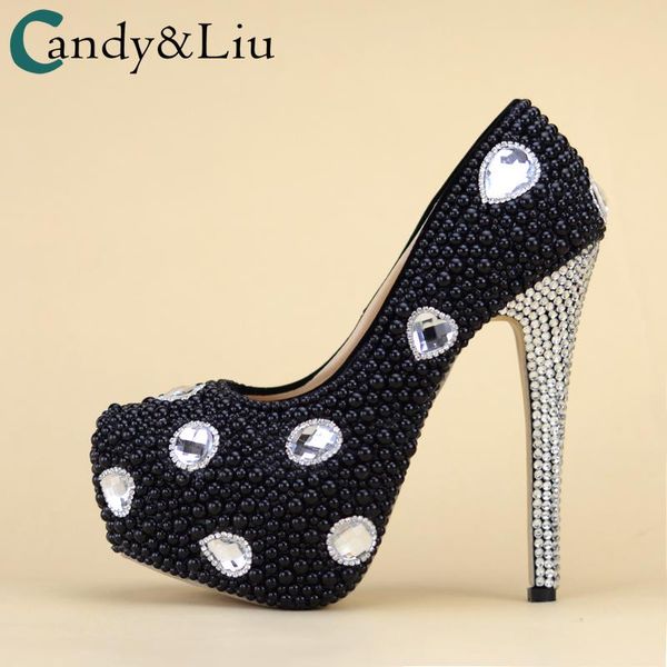 

dress shoes black pearls pumps high heels crystal rhinestone pearl evening banquet ceremony women's customize