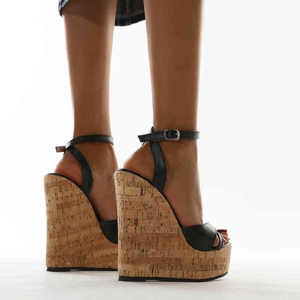 

dress shoes simple wedge women's sandals plus35-42 black-white hasp cross straps wood grain hollow peeping toe 16cm high heels biz