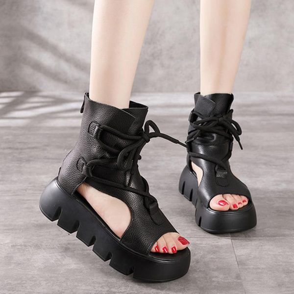 

summer handmade leather women's shoes sandals gladiator zip lace-up cowhide fish mouth casual cool boots lace up, Black