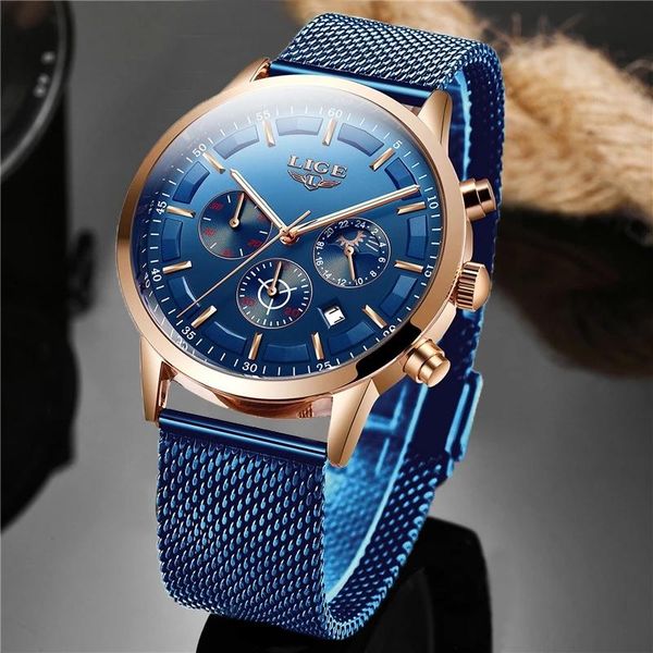 

wristwatches lige fashion simple watch for men chronograph mesh sport waterproof watches moon phase wristwatch clocks, Slivery;brown