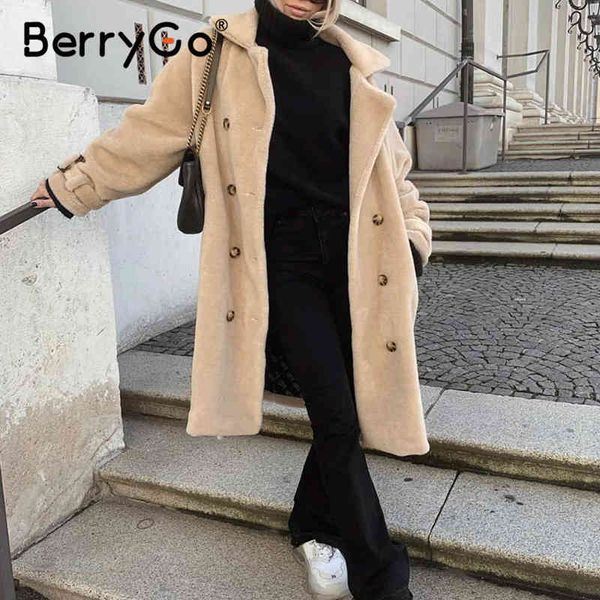 

berrygo elegant solid double breasted hairy women fur coat v-neck belt long office soft winter warm jacket ladies 210513, Black