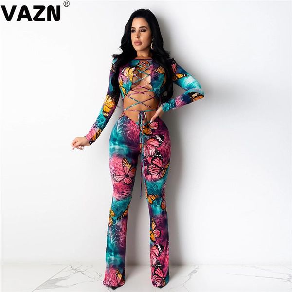 

women's jumpsuits & rompers vazn 2021 fashion butterfly print summer beach bandage bodycon womens jumpsuit long sleeve, Black;white