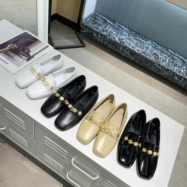

spring small fragrant wind gold coin chain flat shoes one pedal loafers female british leather, Black