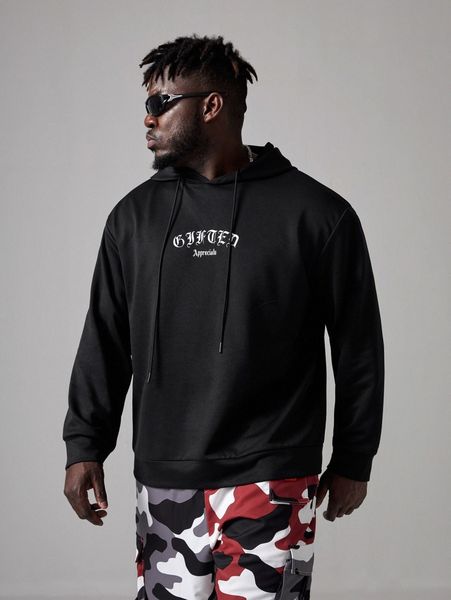 

extended sizes men letter graphic drawstring hoodie y46g#, Black