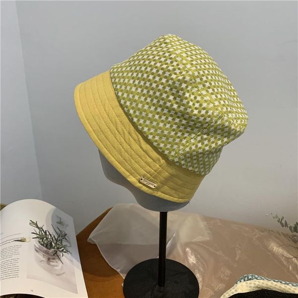 

202104-2509101 japanese style plaid cotton breathable leisure lady bucket cap women fishermen hat wide brim hats, Blue;gray