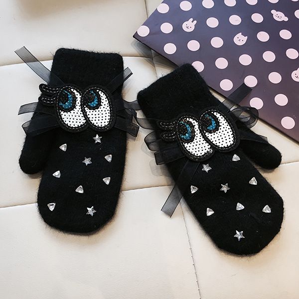 

gloves korean sequin big eyes black yarn bow rhinestone point mittens warm female, Blue;gray