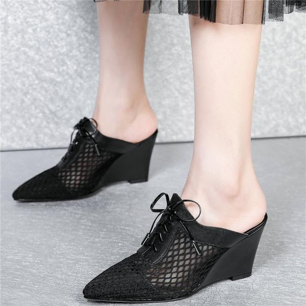 

women genuine leather wedges high heel roman gladiator sandals female breathable mesh pointed toe pumps shoes casual dress, Black