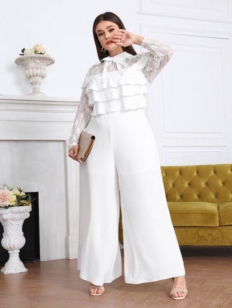 

plus contrast lace tiered layer detail jumpsuit i61q#, Black