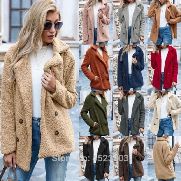 

elegant faux fur women coat autumn winter warm female plush overcoat pocket casual teddy outwear women's &, Black