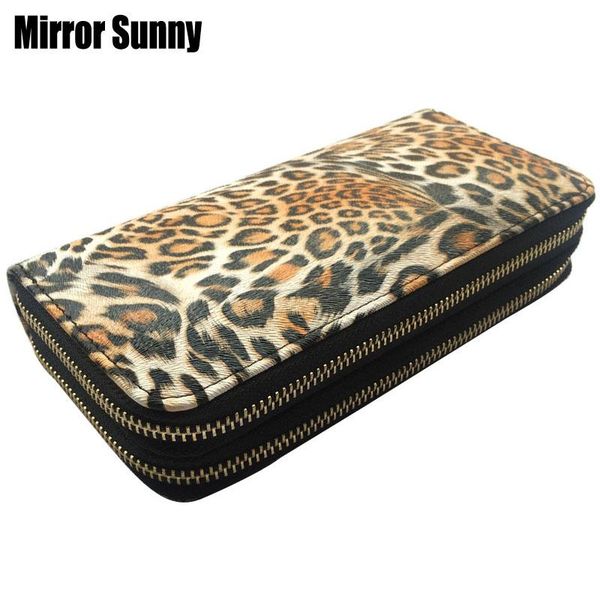

wallets fashion leopard pu leather women long wallet ladies designer double zipper purse female multi card holder hand clutch bag, Red;black