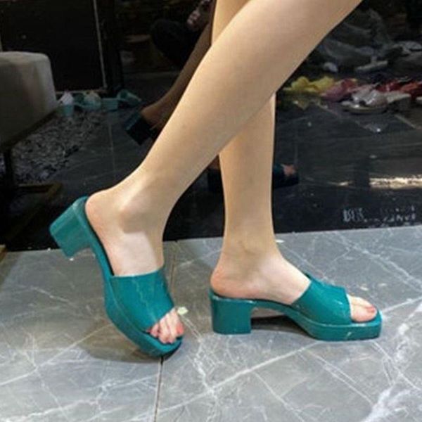 

slippers 2021 fashion candy color open-toe square heel summer ladies rubber outer wear beach high jelly shoes, Black