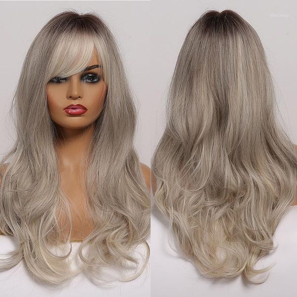 

long wavy brown to gray ombre hair with side bangs heat resistant natural synthetic wigs for afro women cosplay fashion wigs1, Black