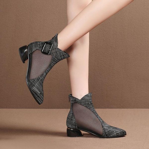 

sheepskin boots, hollow mesh sandals, middle heel, summer fashion high heels, pointed, black, 2021 boots