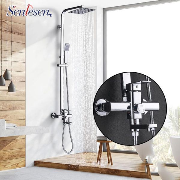 

senlesen chrome bathroom shower faucet set wall mount 10''rainfall head abs hand swivel 3-ways mixer tap sets