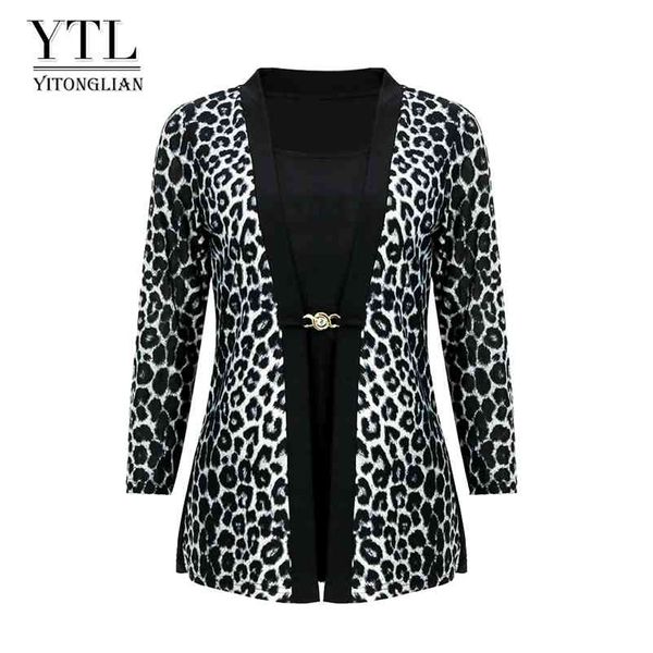 YTL Donna Chic Leopard Camicetta per Lavoro Plus Size Fashion Patchwork Slim Camicia Manica Lunga Autunno Primavera Tunica Top Blusas H414 210412