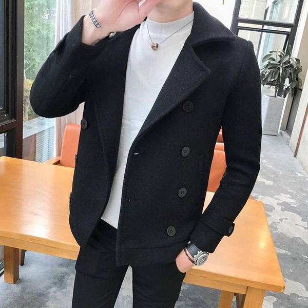 

men's wool & blends autumn winter short woolen coat double-breasted design business casual man warmth overcoat windbreaker large size 5, Black