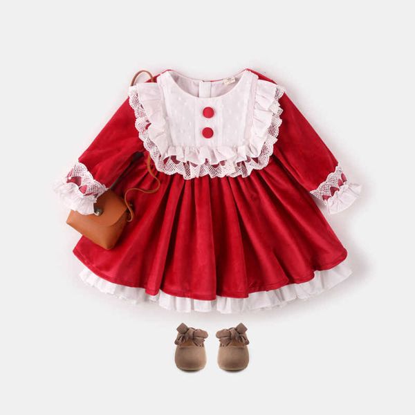 Vestito rosso di natale delle neonate del bambino spagnolo per i bambini Button Lolita Bambini Ruffles Lace Sweet Vestido Abbigliamento 210529