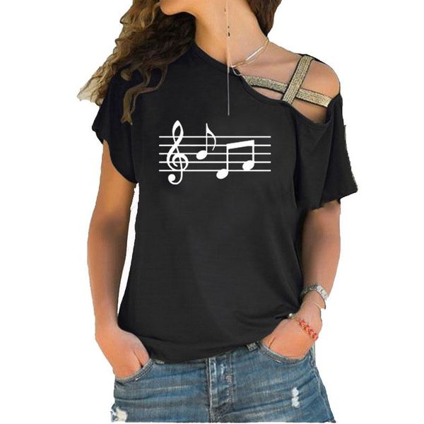 

women's t-shirt music note print plus size women cute tshirt lover irregular skew cross bandage, White