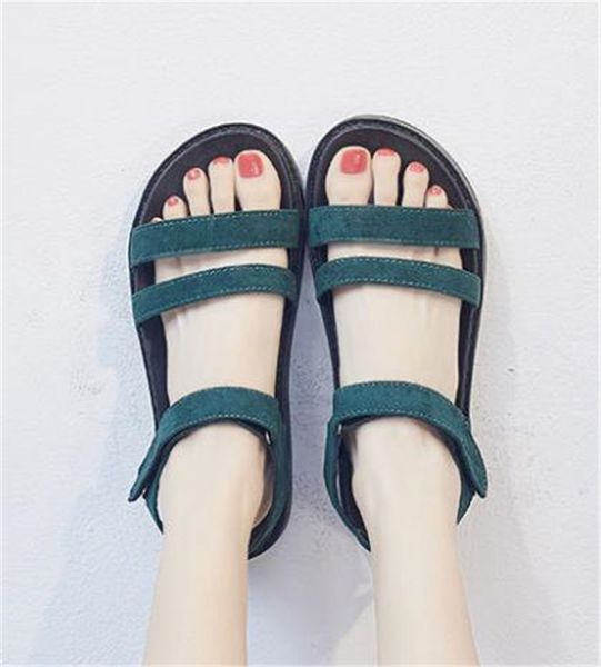 

summer sandals lady fairy wind velcro flat student ins tide rome, Black