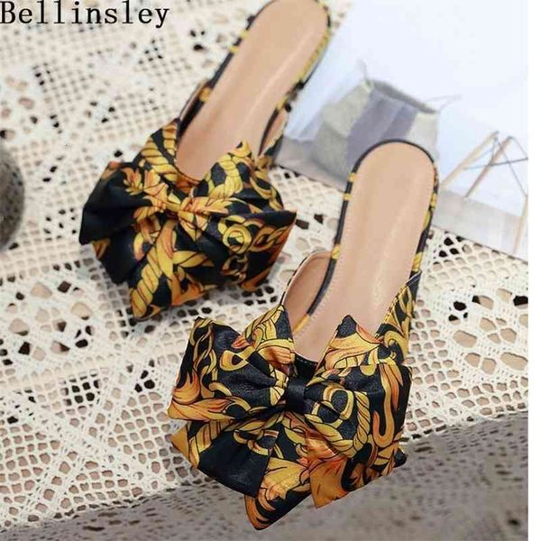 

plus size 35-41 designer autumn women slippers floral silk bowtie casual flat mules ladies pointed toe outdoor female slides 21031, Black