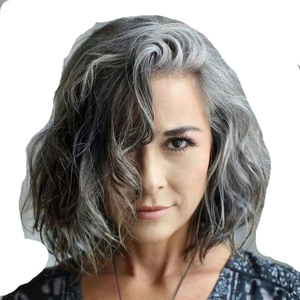 

salt and pepper grey human hair wig lace front wigs ombre color two tone black to gray bob wigss for women, Black;brown