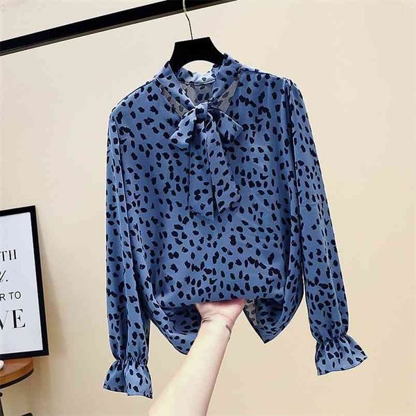 

spring autumn women's blouse retro bow leopard print shirt korean style printed long sleeve slim female gx310 210507, White
