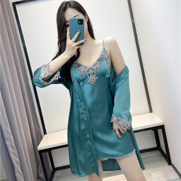 

women's sleepwear women kimono robe gown suit v-neck satin lace backless nightdress casual home dress, Black;red