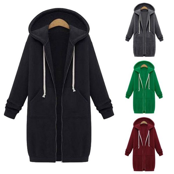 

women's wool & blends oeak casual autumn 2021 hoodie zipper long coat sweatshirt women solid color loose oversized jacket hoodies, Black