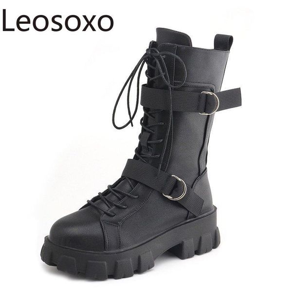 

boots 2021 women's shoes autumn fashion motorcycle style thick soles british belt buckle short, Black