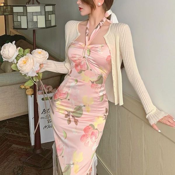 

casual dresses summer strap dress elegant korean floral print lace slim kawaii female party club tie dye split 2021, Black;gray