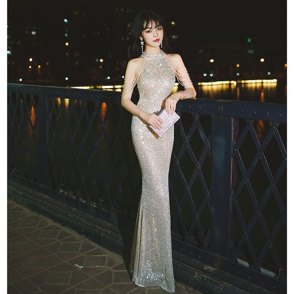 

sier fishtail evening women's 2021 banquet temperament sequin drs prident in spring and summer, Black