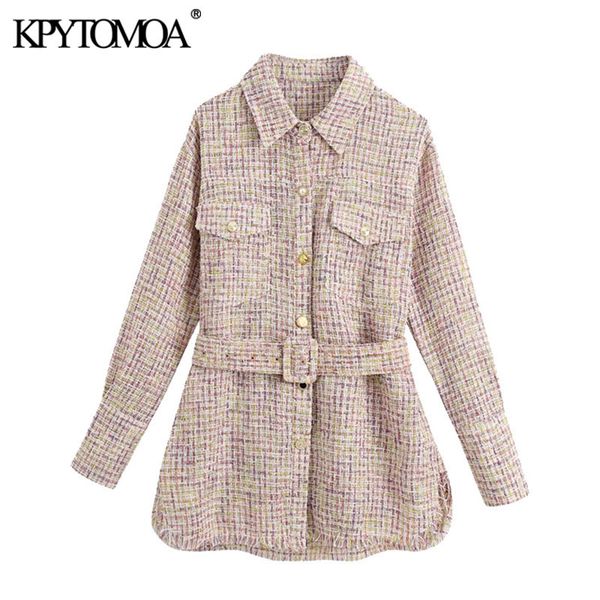 

women fashion with belt frayed trim tweed jacket coat vintage long sleeve pockets female outerwear chic 210416, Black;brown