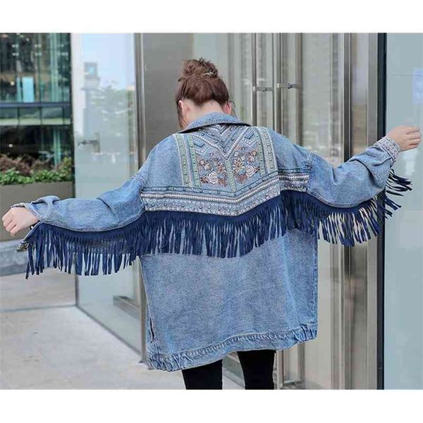 

denim women jacket spring vintage floral embroidery suede fringe loose coat long sleeve outerwear female boho 210519, Black;brown