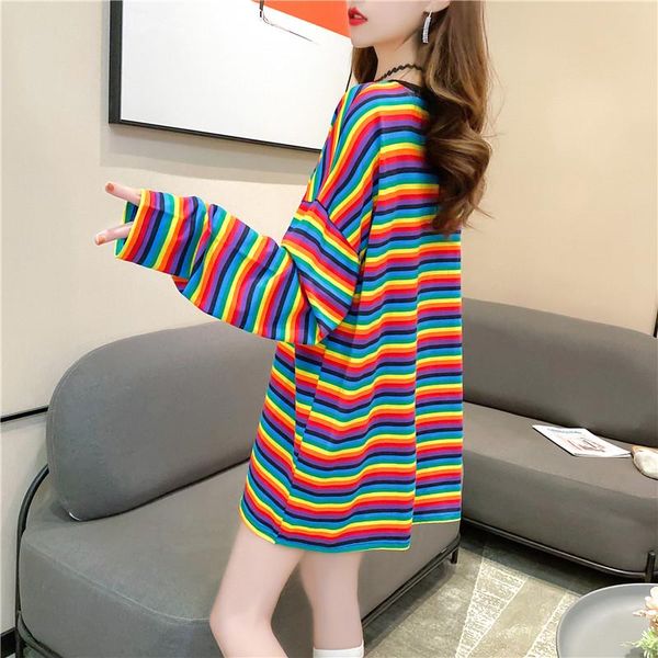 

fashion women rainbow striped oversize t shirt autumn long sleeve loose t-shirts female casual korean streetwear tees women's t-shirt, White