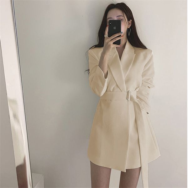 

suit chic vintage stylish office ladies all-match sashes casual lace-up loose solid waist-controlled mid-length blazers, White;black